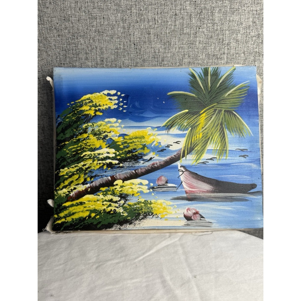 Vintage Tropical Palm Caribbean Island Blue Ocean Boat Painting Mid Century Smal